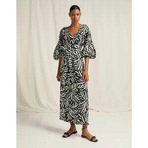 CALA de la Cruz Lavanda Black White Palm Linen Wrap Maxi Dress